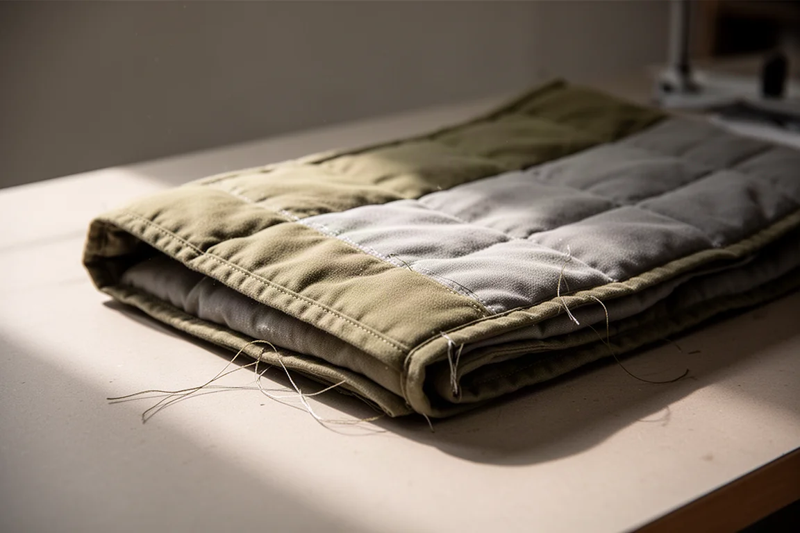 Close-up of stitched seams on cotton canvas quilt fabric with loose thread ends
