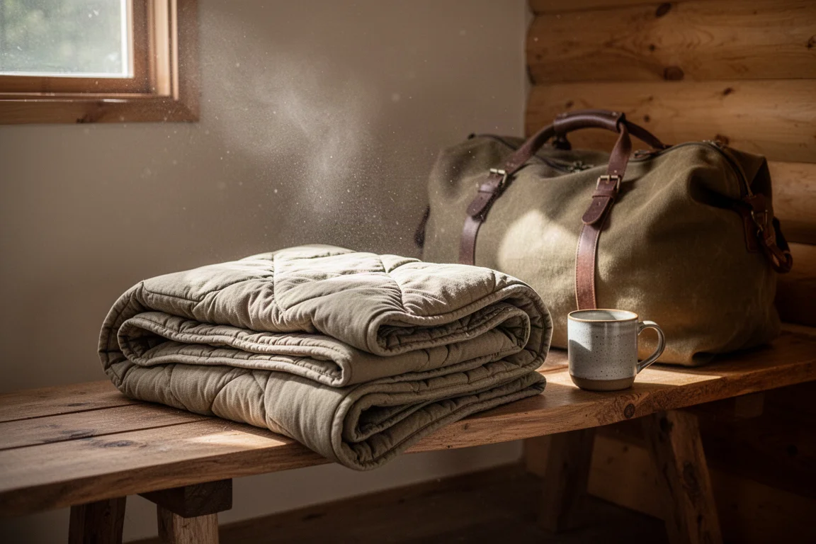 Canvas quilt folded on a wooden bench beside its storage bag at dusk