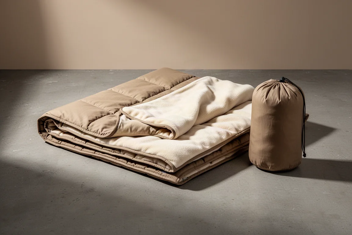Folded cotton canvas camping quilt with storage bag on a concrete surface