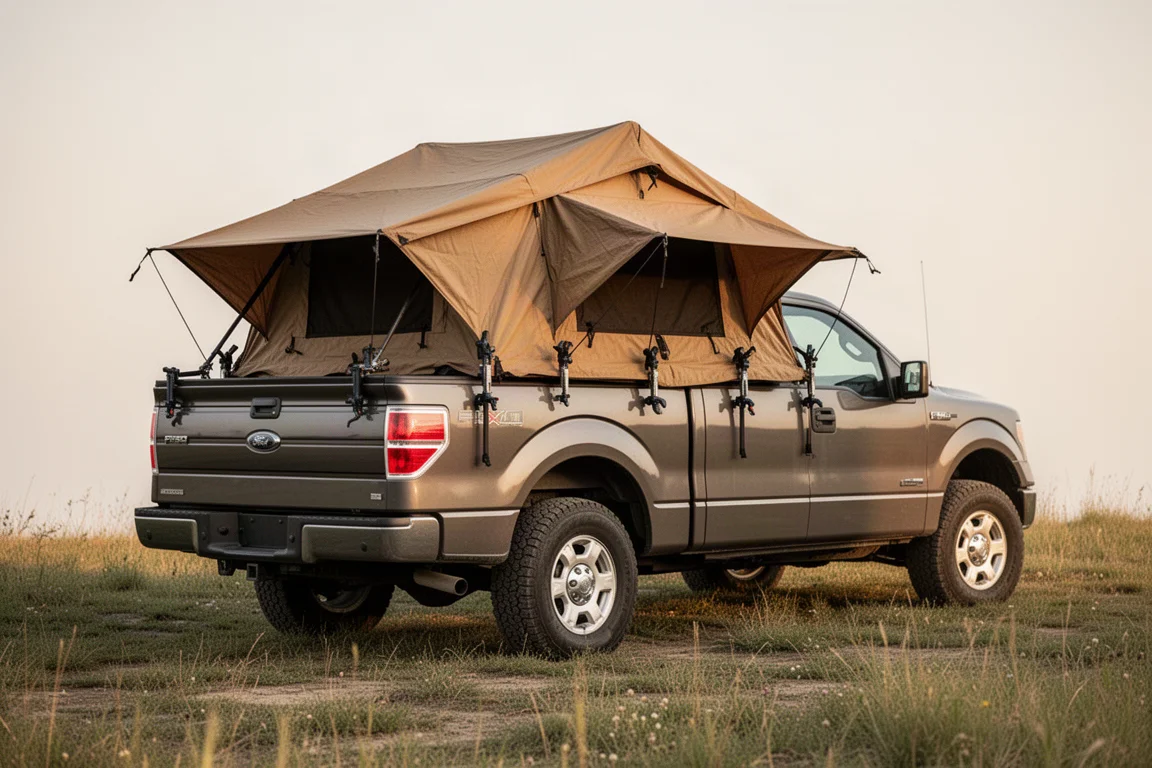 Canvas truck bed tent partially set up on a pickup in a grassy clearing