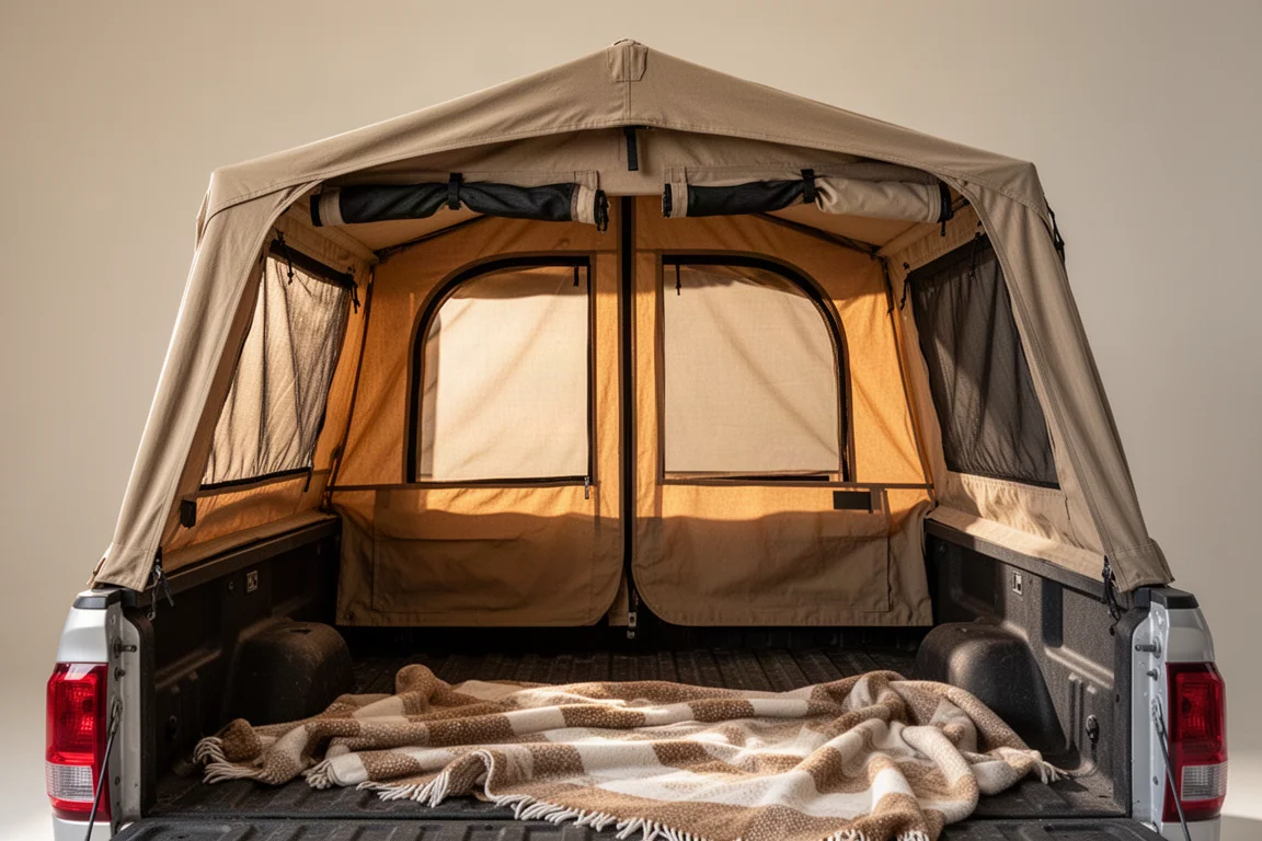 Interior of a canvas truck bed tent showing screened windows and open side rails