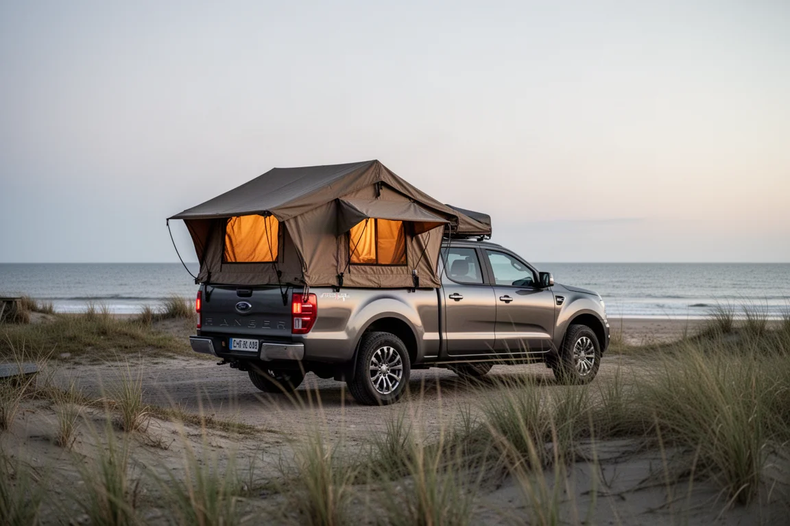 Pickup truck at a coastal campsite in the evening with tent glow inside