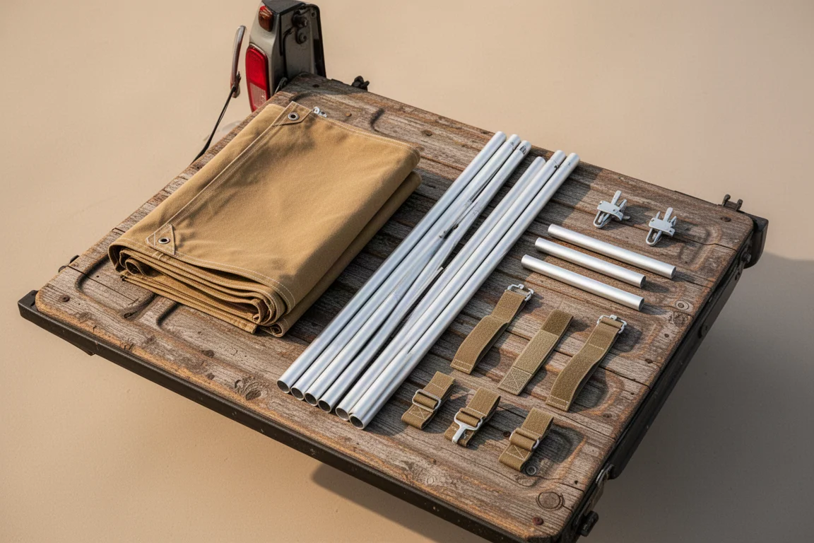 Canvas tent poles and hardware laid out on the tailgate before packing