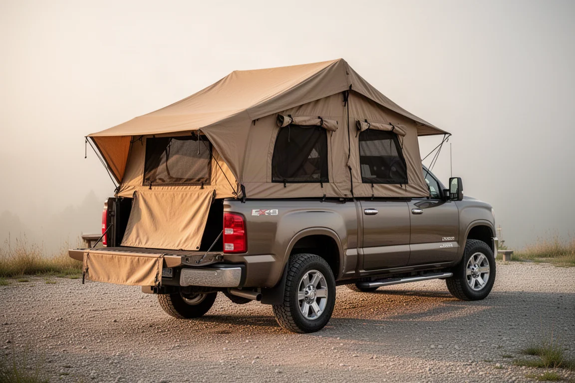Tan canvas truck bed tent installed in a pickup truck bed at a campsite