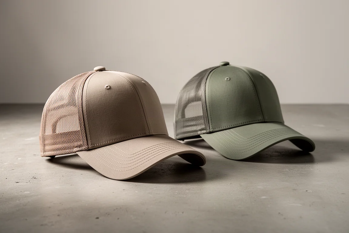 Two mesh-backed trucker running hats side by side on a concrete surface