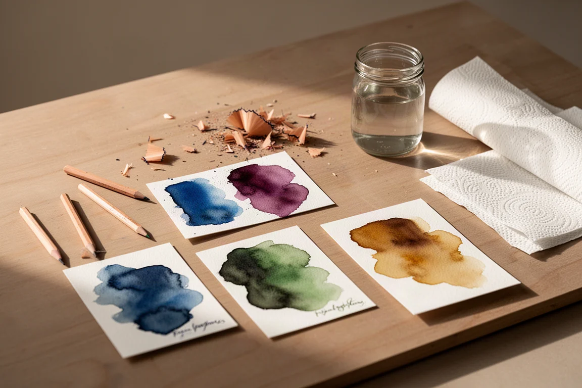 Espacio de trabajo de un artista con tarjetas de muestras secándose tras una sesión de pruebas con lápices acuarelables