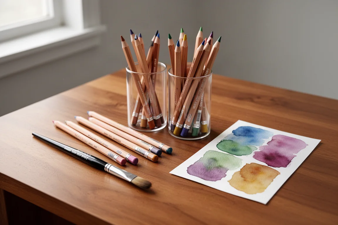 Watercolor pencils arranged beside a swatch card and brush on a wooden desk