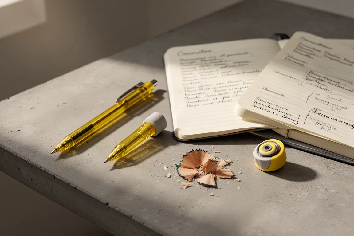 Desk scene with pencil, eraser shavings and open notebook