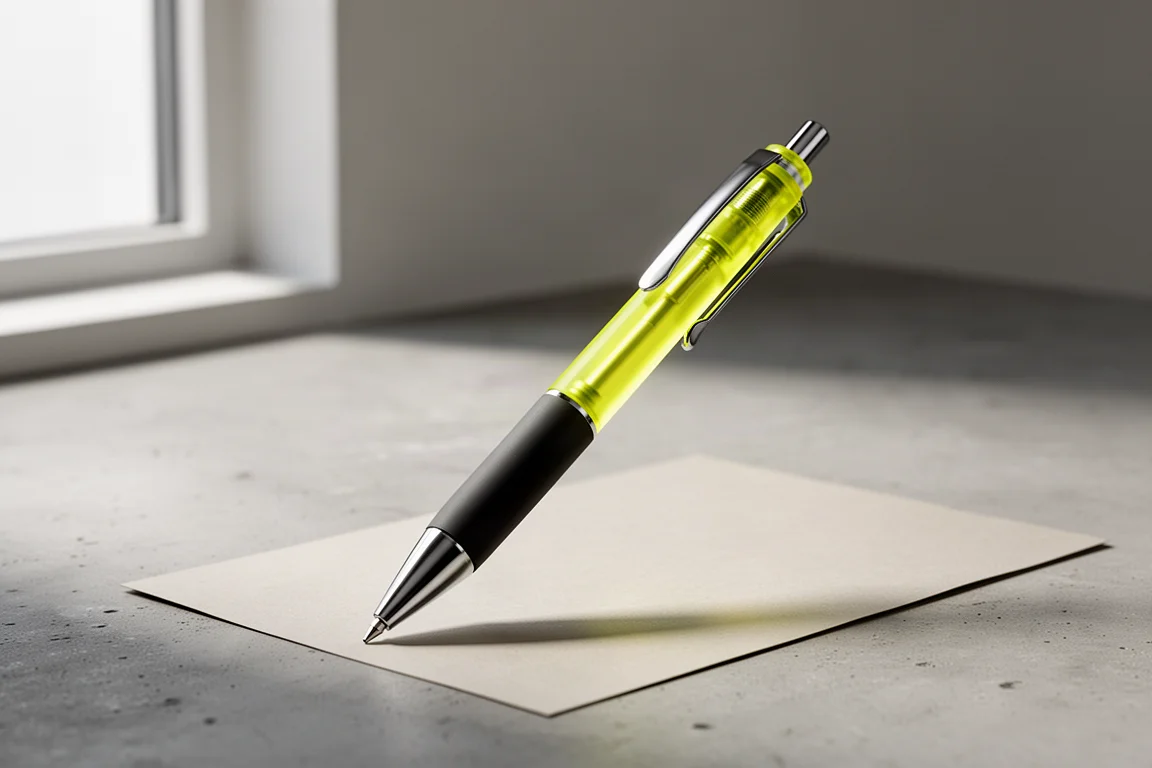 Translucent yellow mechanical pencil with glossy metal cone on concrete surface