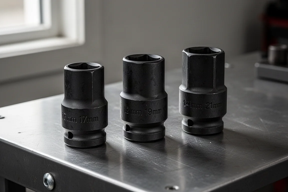 Three Koken impact wheel nut sockets lined up on a steel workbench