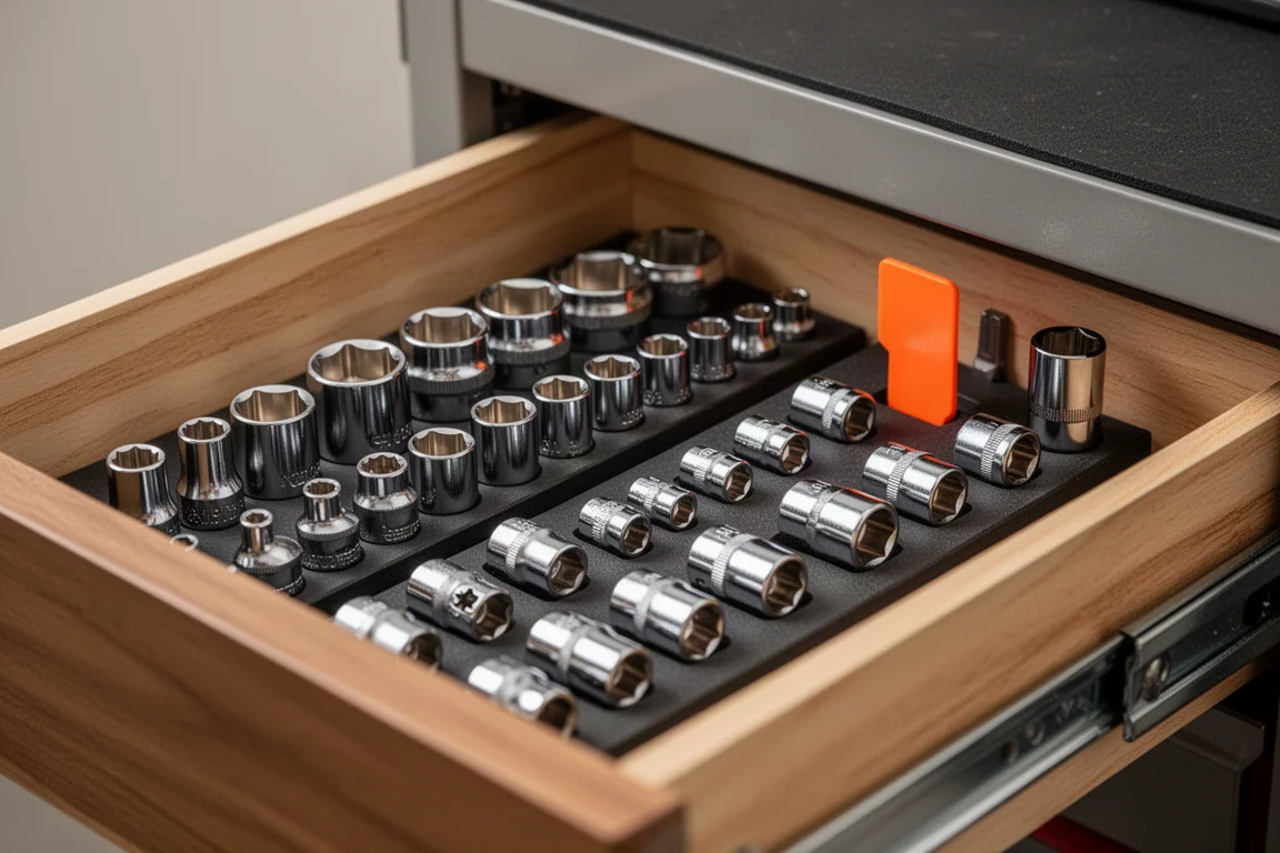 Magnetische Nussleisten mit einer Reihe geordneter Nüsse in einer Werkzeugschublade