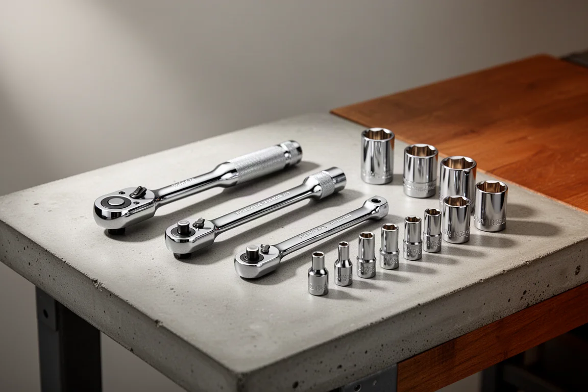 Premium chrome ratchets and sockets arranged on a concrete workbench