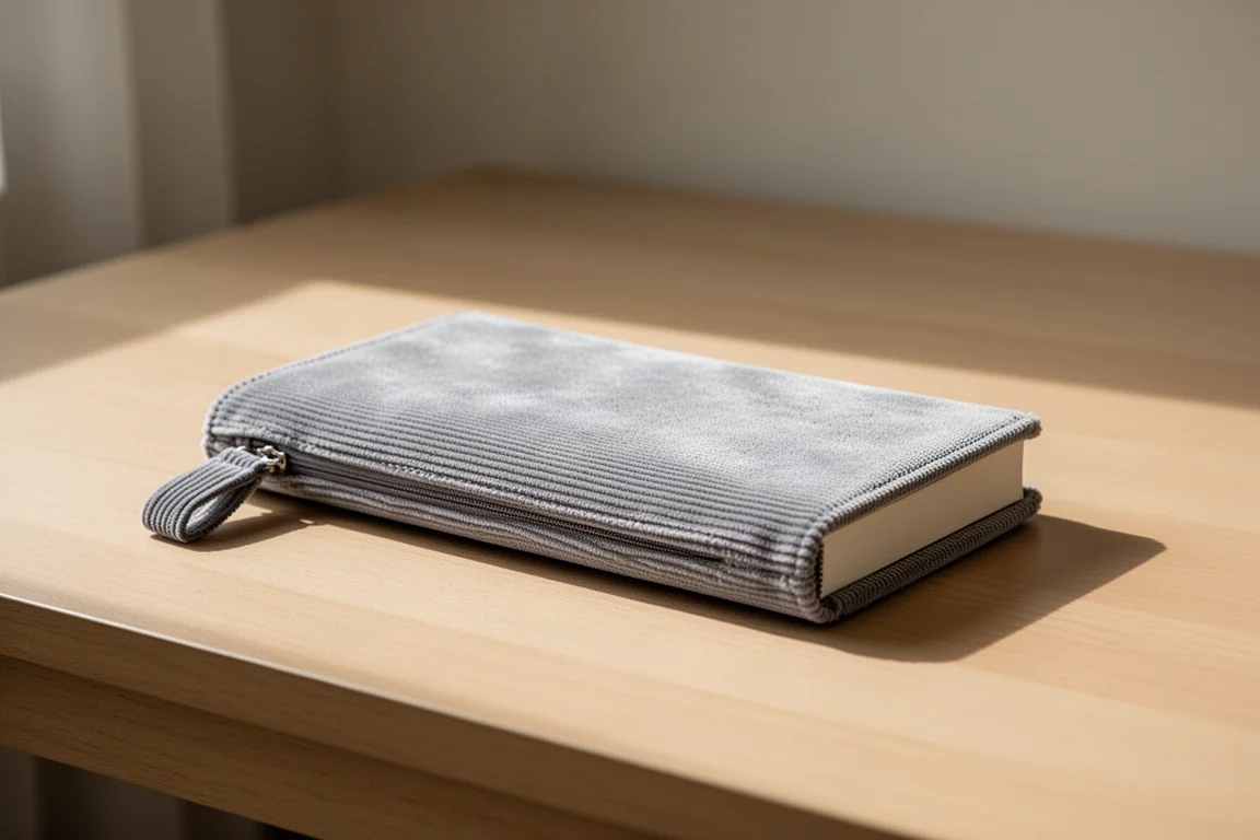 Slim gray corduroy pen case with a small fabric handle on a neutral surface