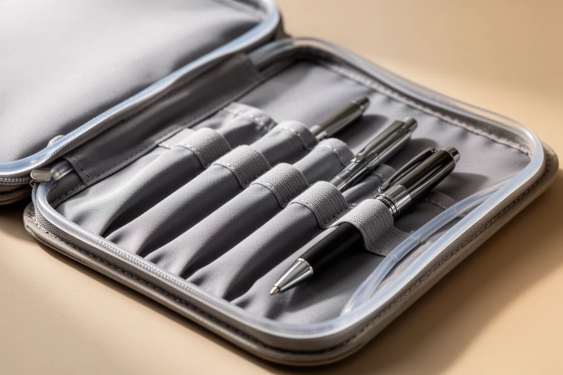 Open pen case interior showing rows of upward-facing pockets