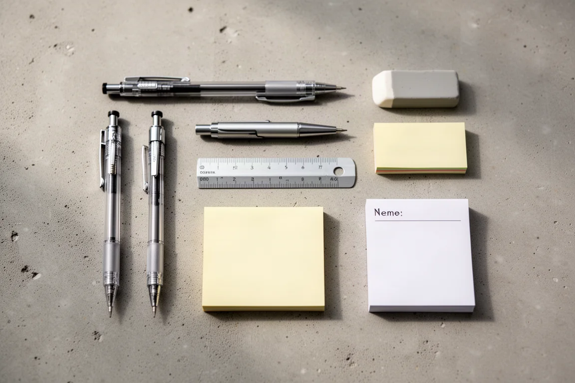 Stationery laid out next to an A4 notebook for size comparison