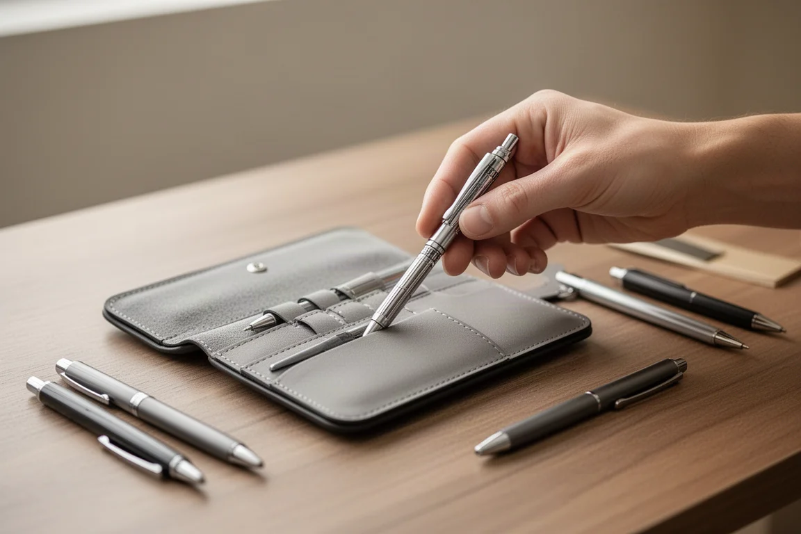 Stationery items being packed into a slim pen case on a desk