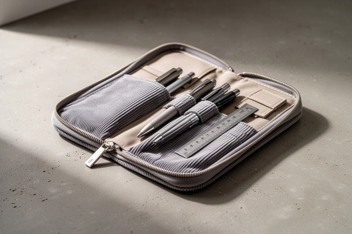 Open gray corduroy pen case with organized interior pockets on a concrete surface