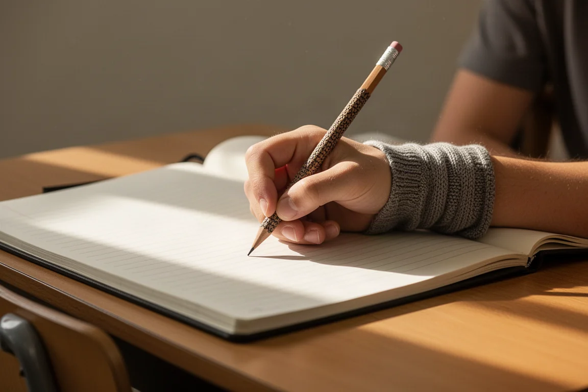 Studente che scrive velocemente in un quadro a righe con un portamine