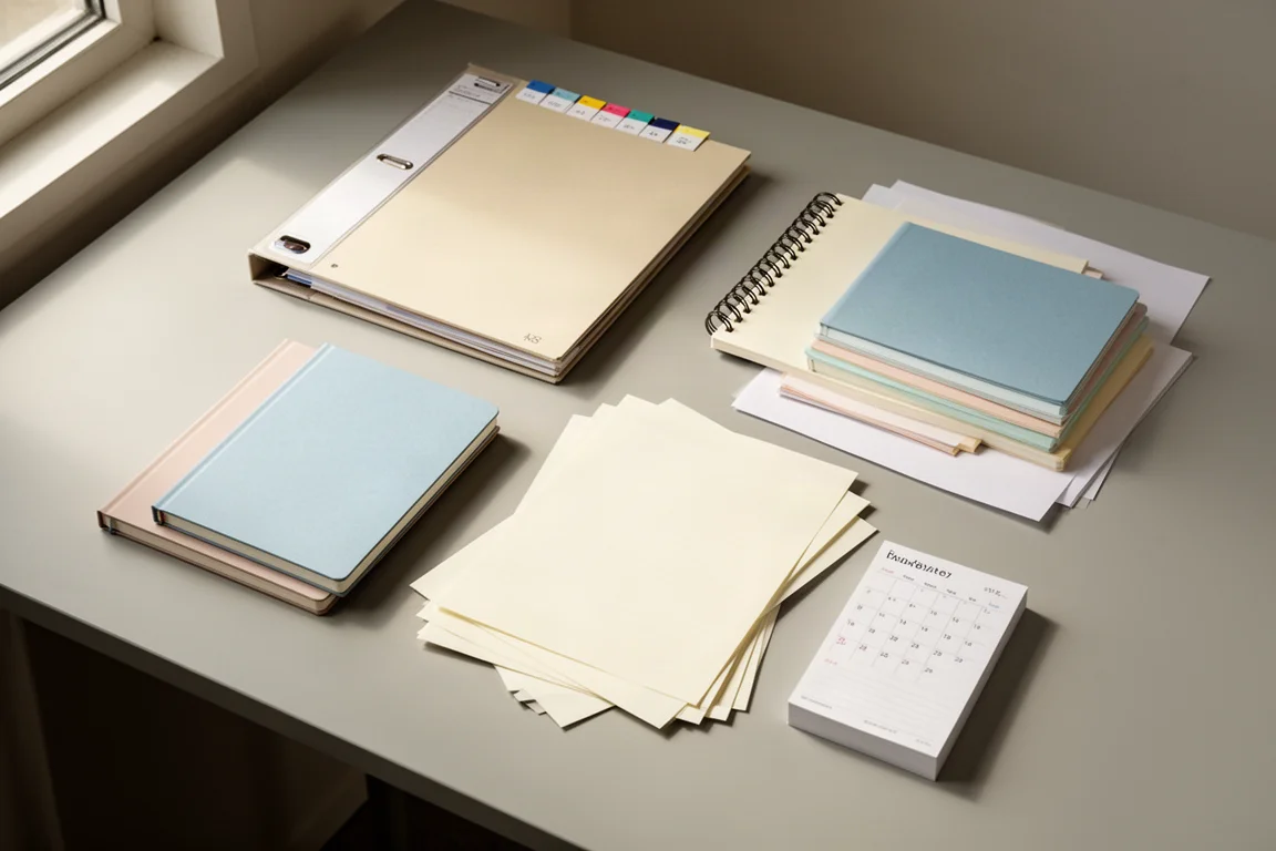 Flat lay of student binders, notebooks, loose leaf paper, and a planner on a grey desk