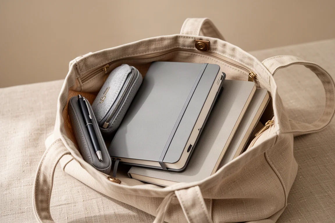 Agenda compacta transportada en un bolso junto a objetos cotidianos