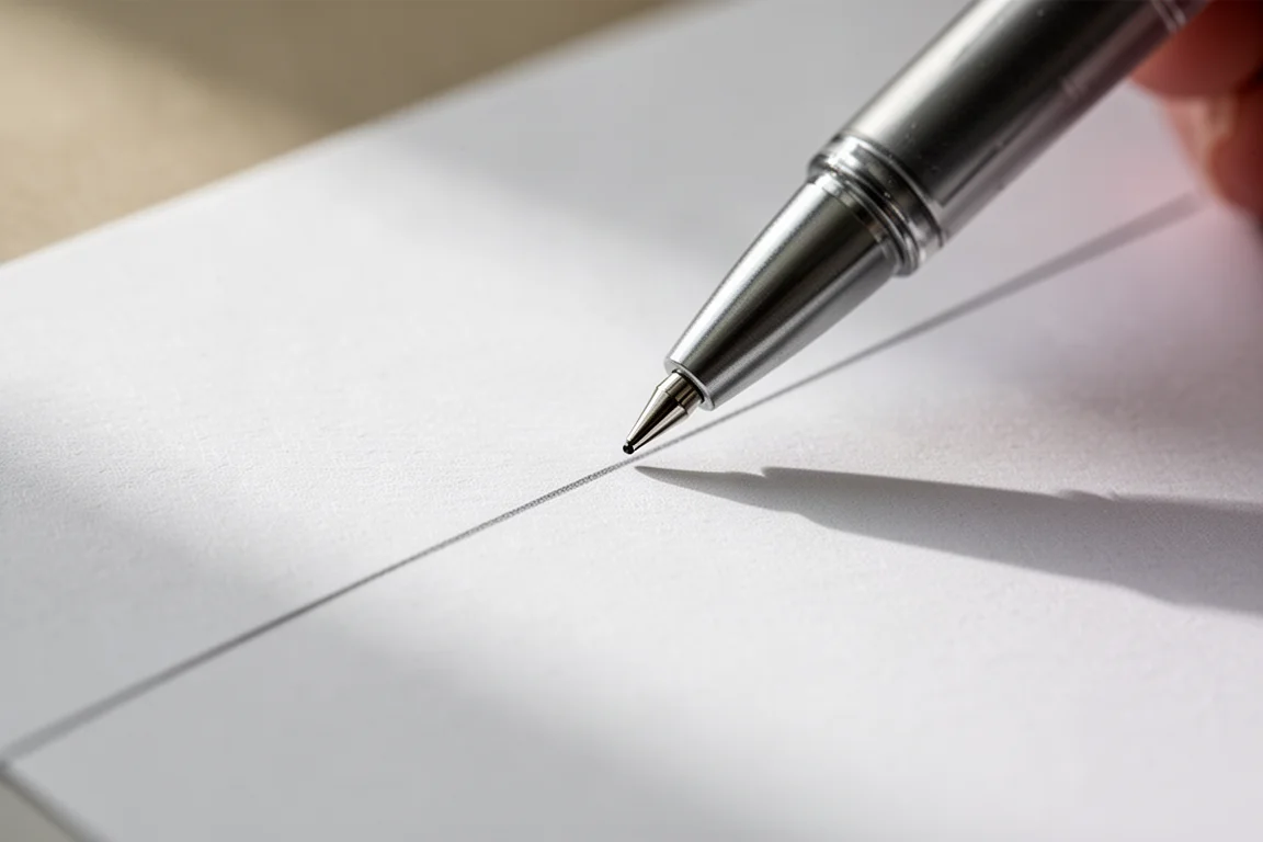 Primer plano de un bolígrafo escribiendo sobre papel fino y suave sin traspasar la tinta