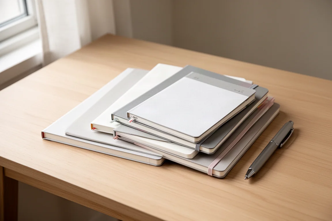 Several slim planners and booklets arranged on a light wooden desk