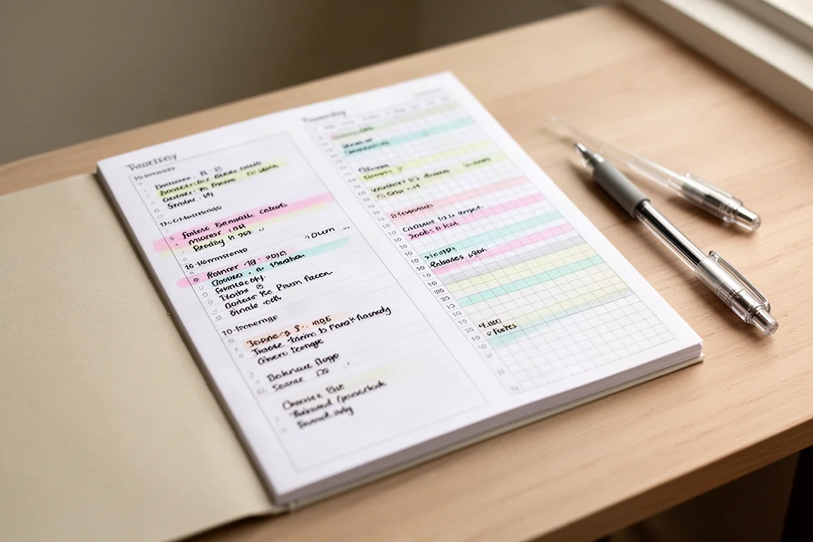Open planner on a desk showing a vertical weekly grid with handwritten entries