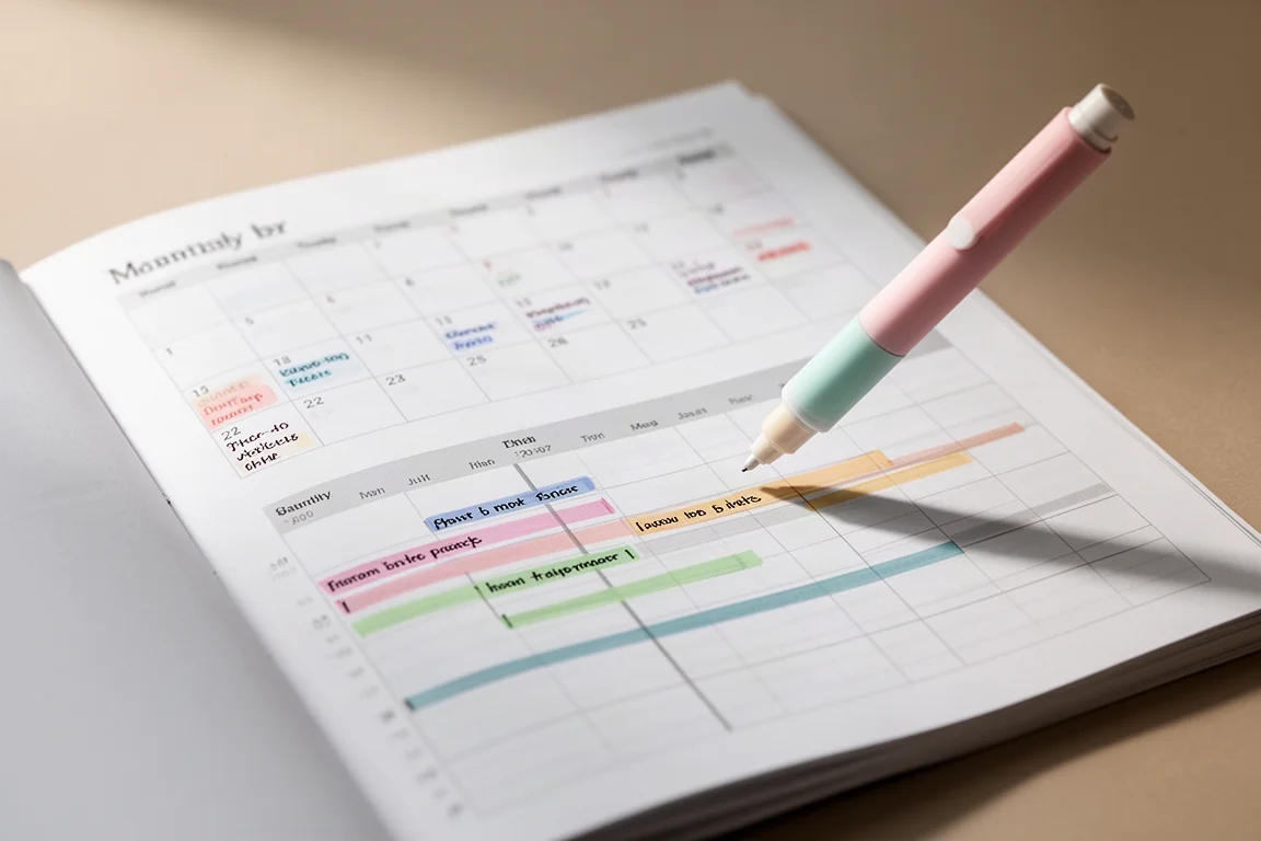 Hand filling in a monthly calendar and Gantt chart spread with colored pens