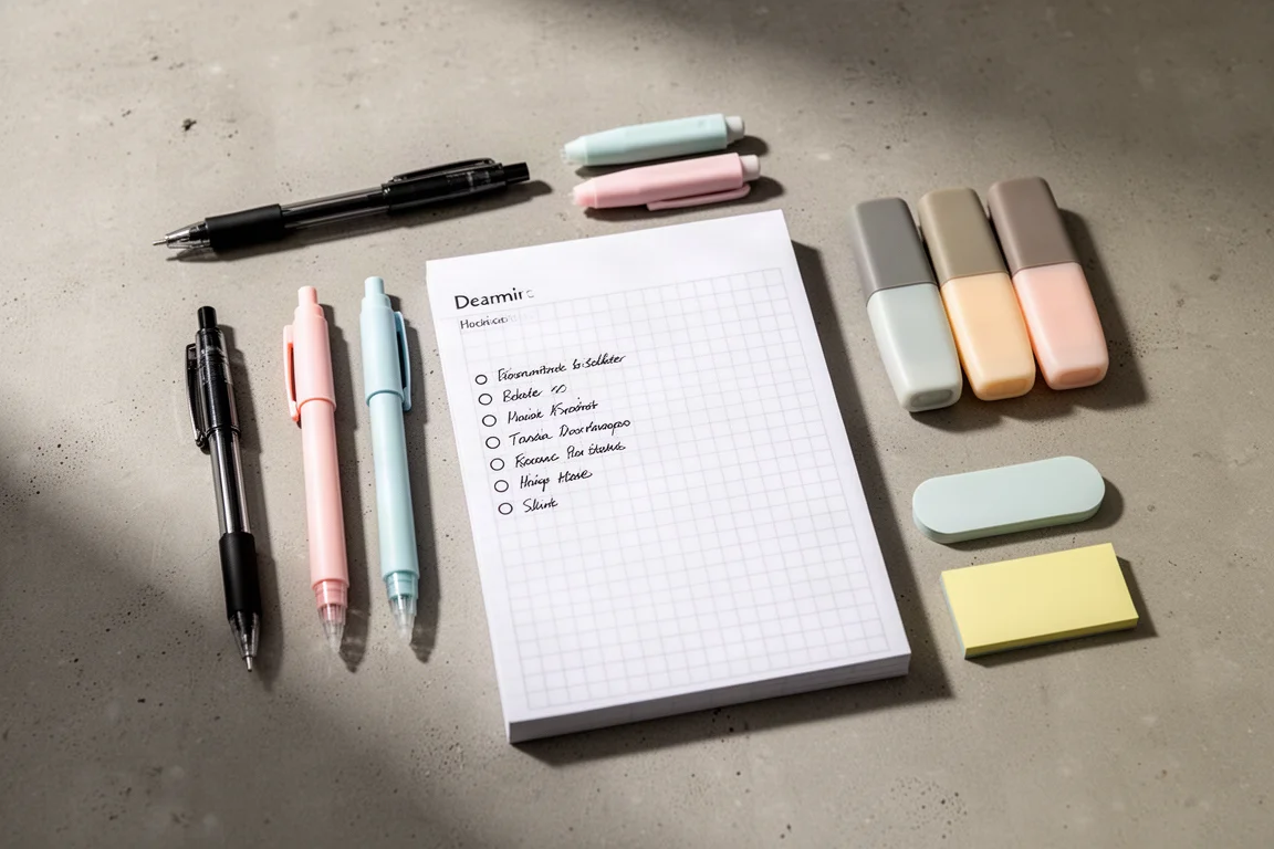 Flat-lay of pens, highlighters, and memo pad arranged on a neutral desk