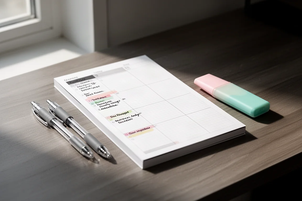 Agenda sottile in carta aperta su una scrivania in legno con layout a griglia settimanale verticale