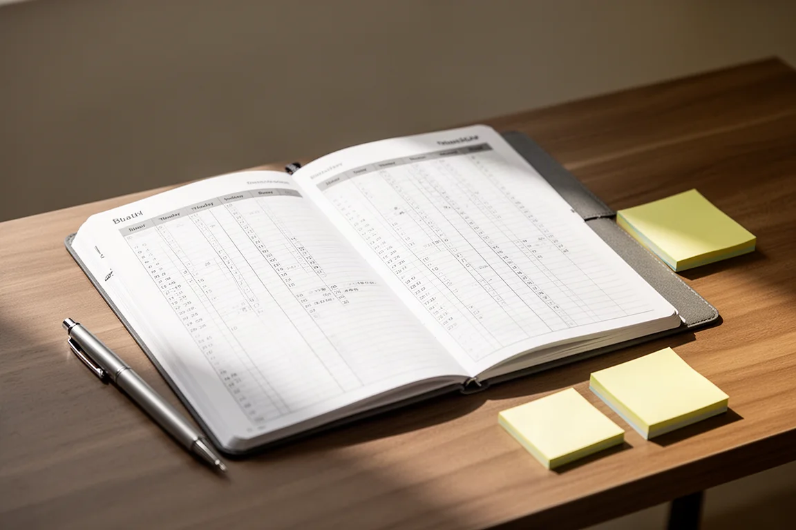 Open planner with vertical weekly layout on a wooden desk beside a fine-tip pen
