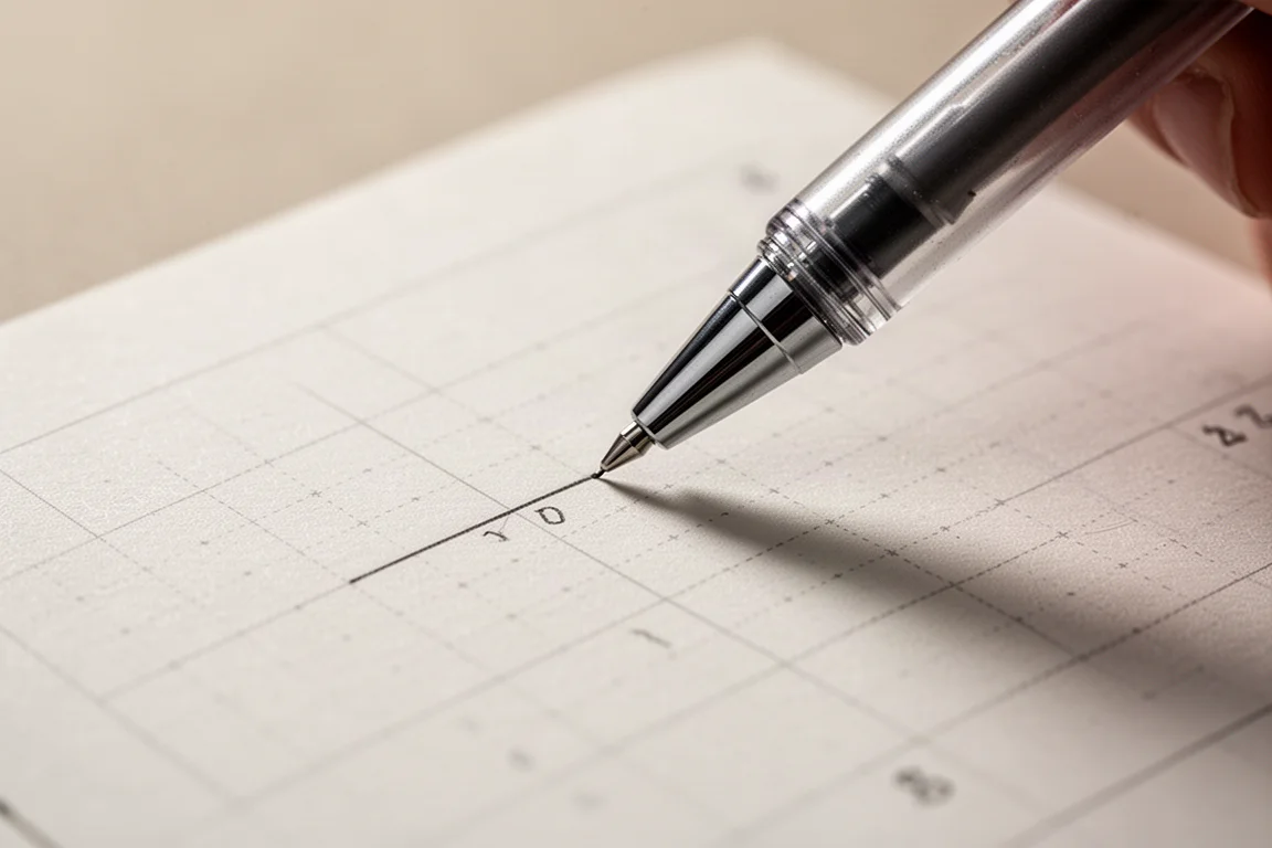 Close-up of a textured planner page being written on with a fine-tip pen