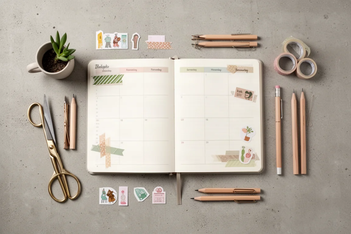 Planner page with stickers and washi tape decoration next to stationery supplies