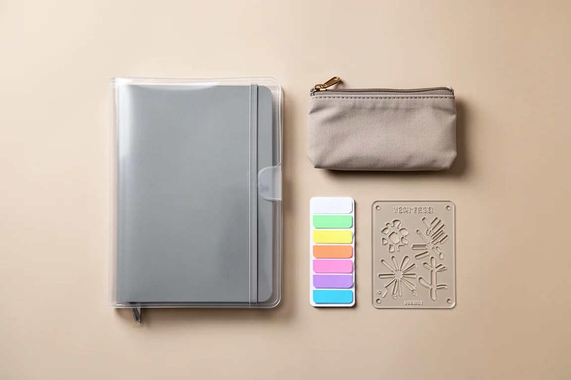 Slim planner and matching accessories arranged in a compact everyday carry setup
