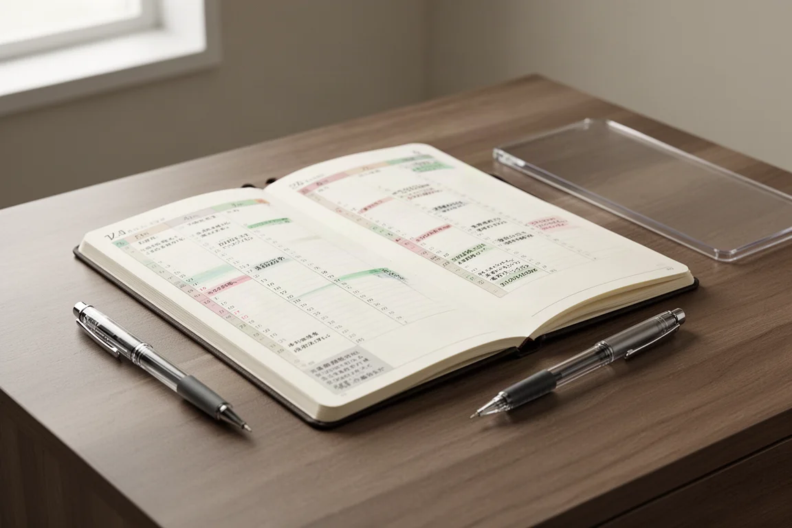 Open vertical-format planner on a wooden desk beside a fine-tip pen