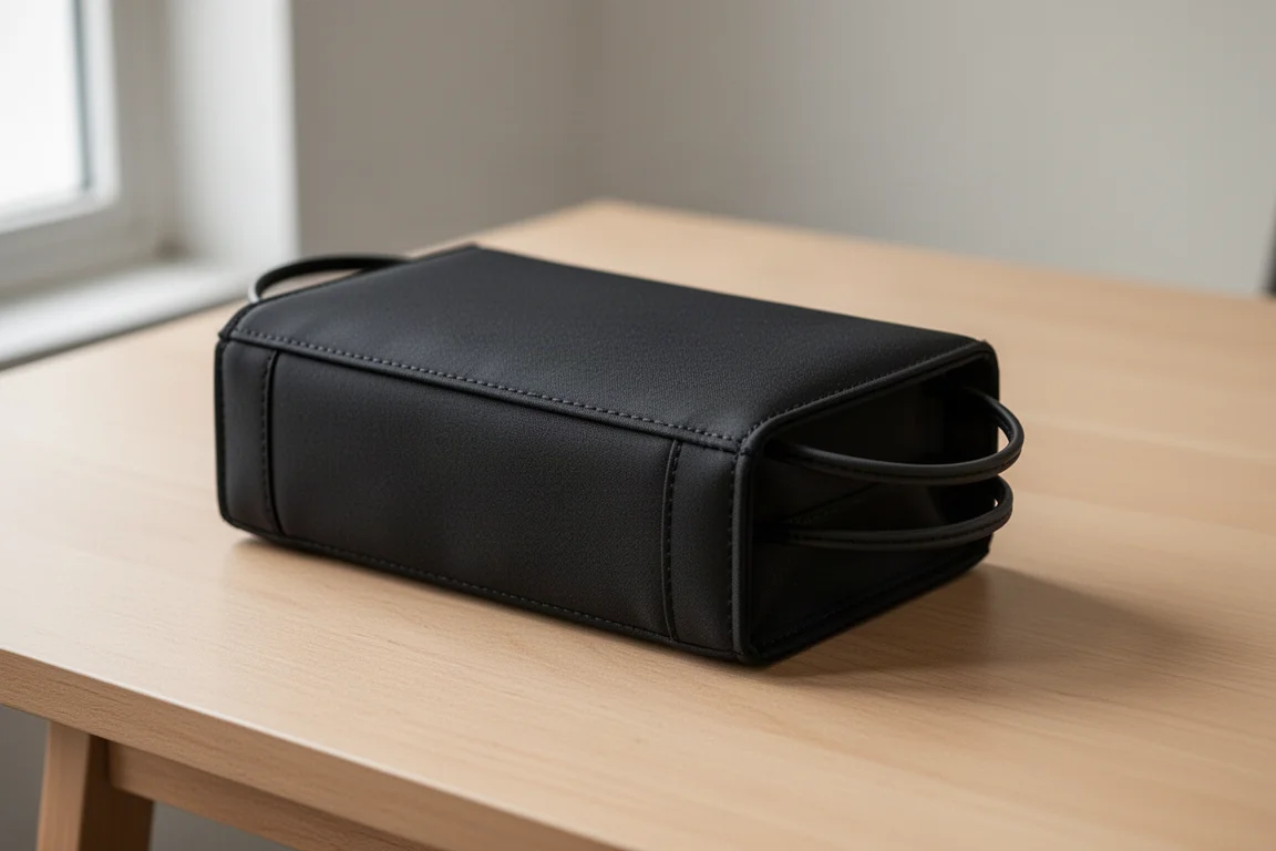 Closed black pen case with two slim handles on a wooden desk