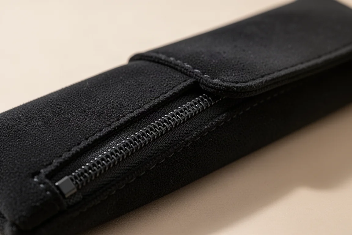Close-up of a small coil zipper closing flush along a fabric edge