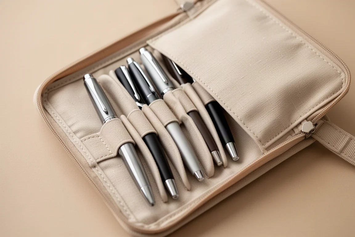 Five pens stored upright in a divided fabric pen holder