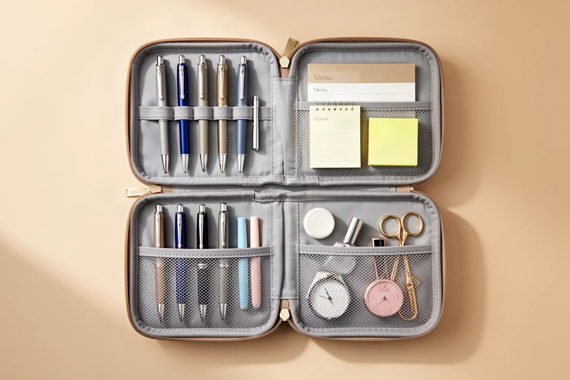 Open pen case interior fully packed with pens and small stationery items