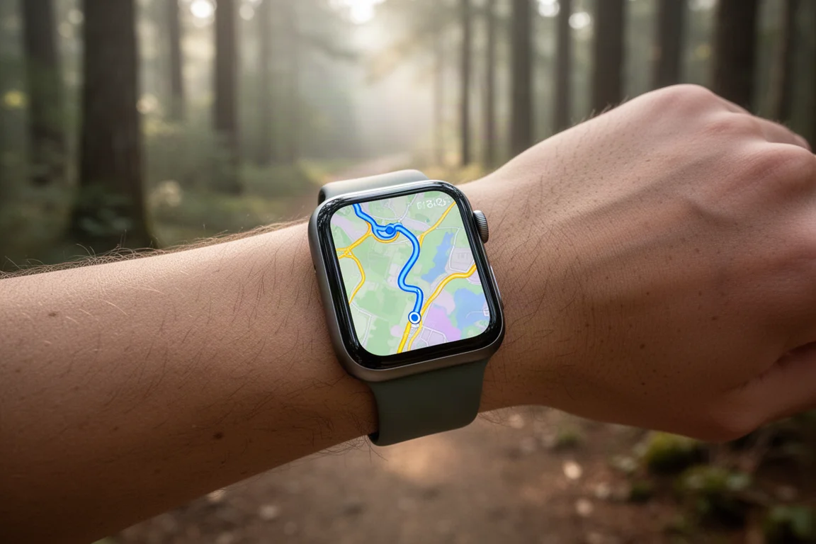 Apple Watch am Handgelenk zeigt während einer Wanderung eine Karte mit blauer Routenlinie