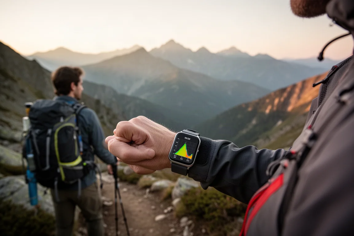 Wanderer prüft auf einem Bergwanderweg ein Höhenprofil der Route auf einer Smartwatch