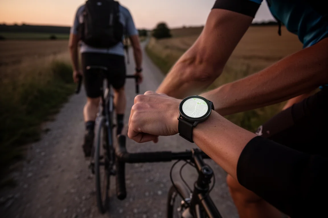 Radfahrer fährt in der Dämmerung auf einem Schotterweg, Smartwatch am lenkerseitigen Handgelenk