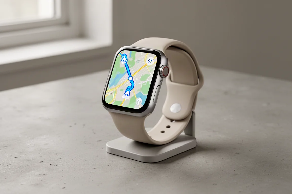Apple Watch displaying a navigation map with a blue route line on a concrete surface