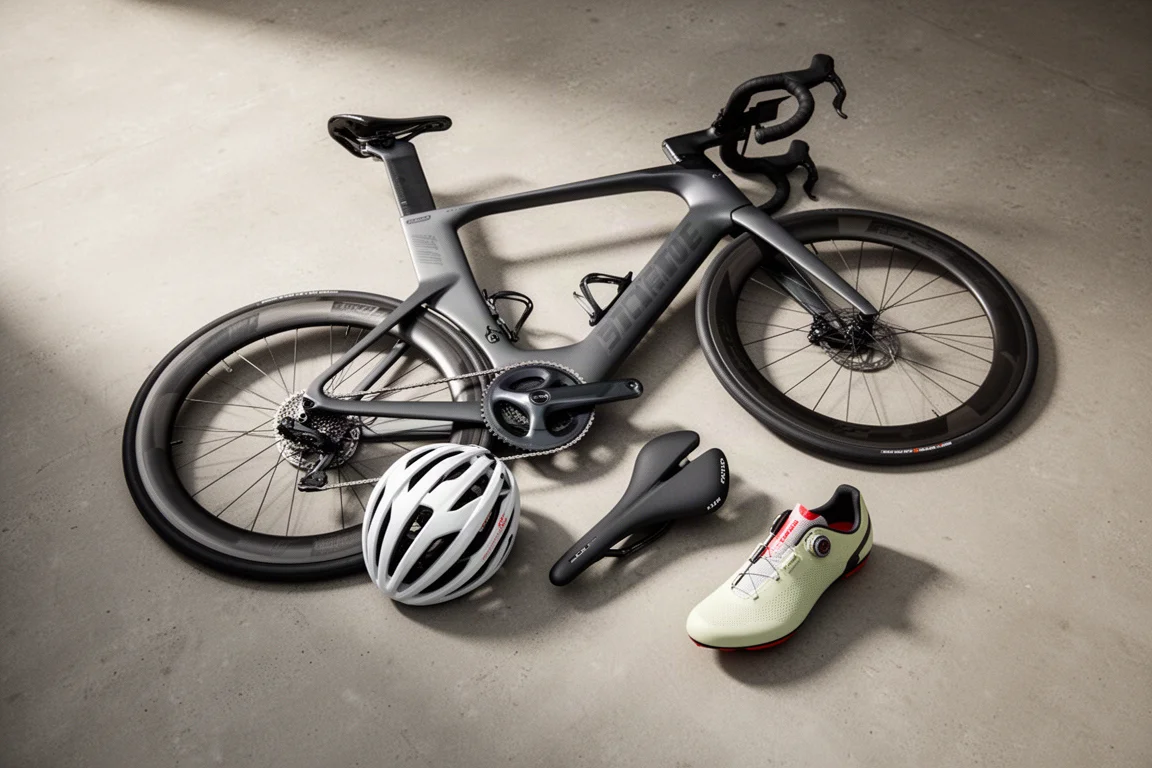 Aero triatlonfietsframe, helmen, zadel en raceschoen gerangschikt op beton