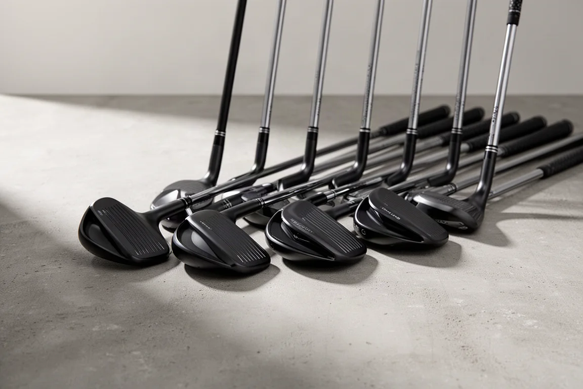 Complete package golf set next to a curated set of individual clubs on concrete surface