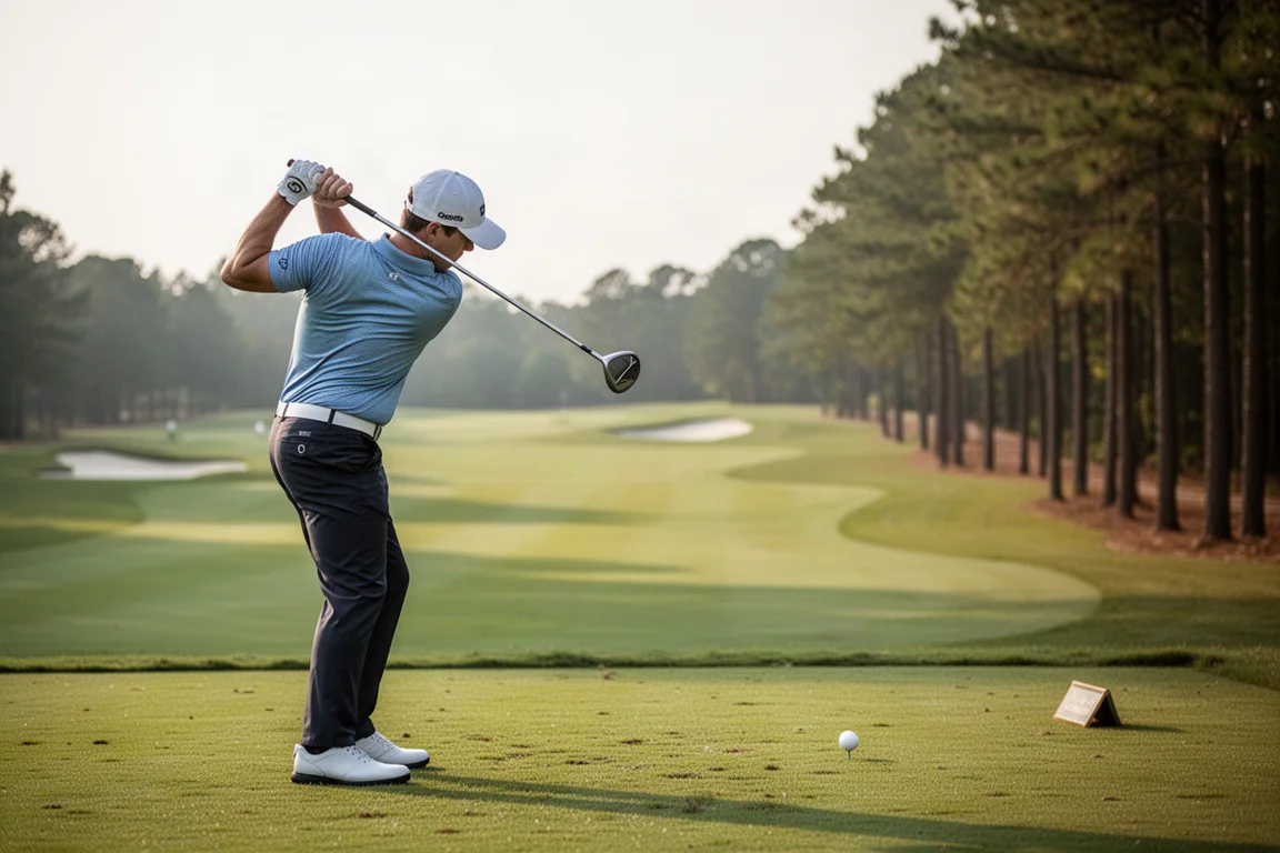 Golfista golpeando un hierro 4 desde el tee en un hoyo par 5