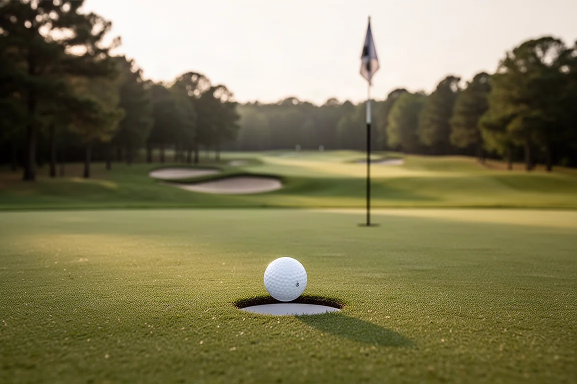 Bola de golf en el green cerca del hoyo con la bandera al fondo