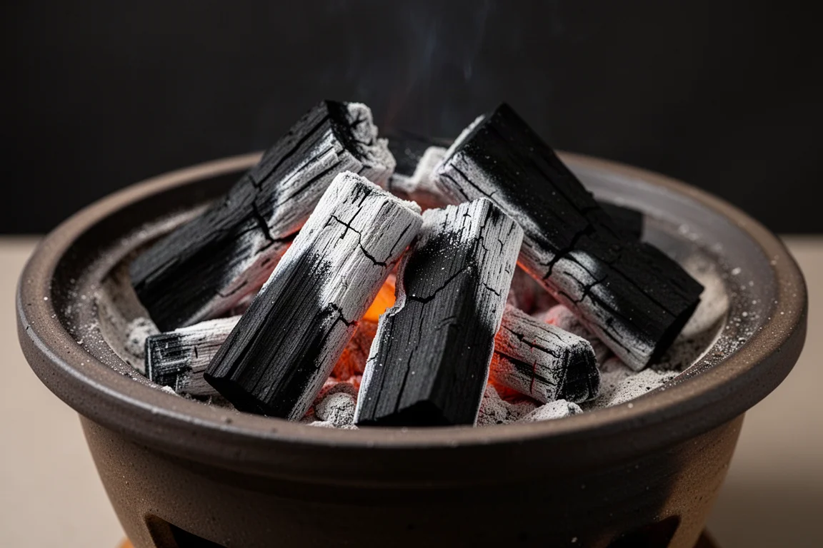 Carbón binchotan brillando en blanco con ceniza en una parrilla konro de cerámica