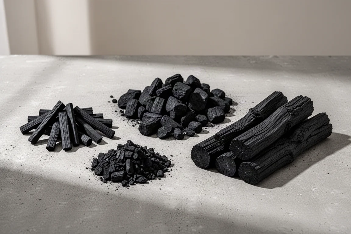 Three piles of different grilling charcoal types on a concrete surface