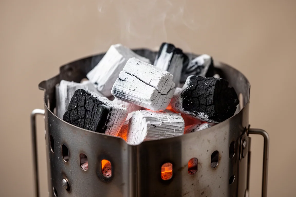 Briquetas de carbón blanco brillando mientras se calientan dentro de una chimenea para carbón